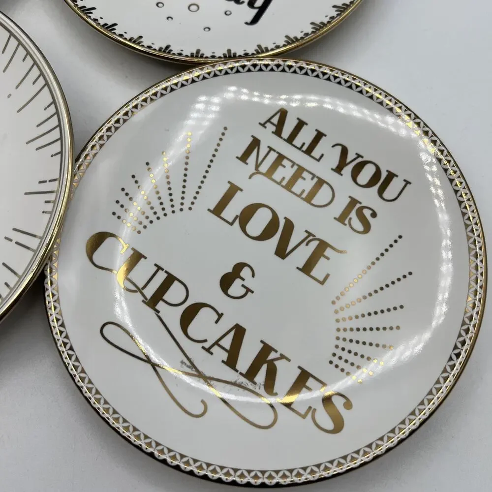 Set 4 Pier 1 Gold White CELEBRATION Appetizer Plates 6.25
